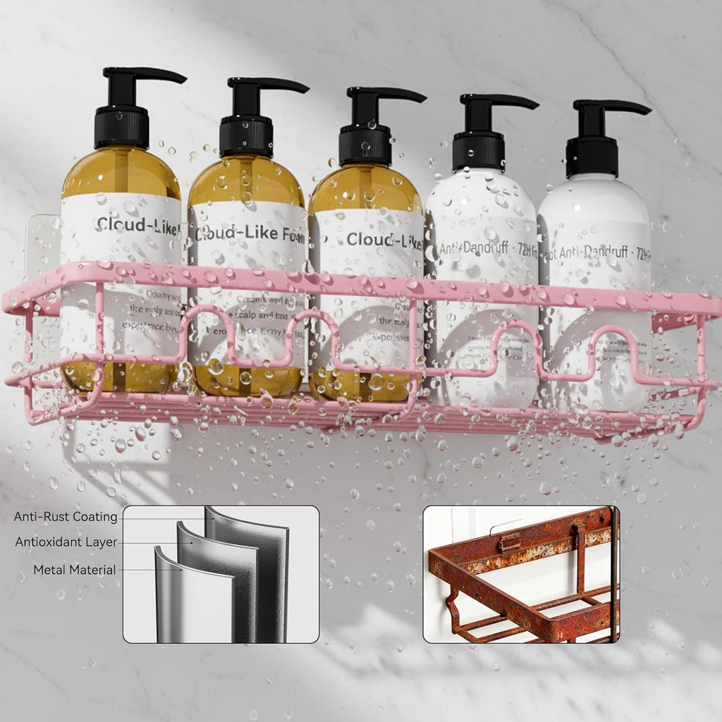 Skiennix Adhesive Shower Caddy - Large Capacity No Drill Bathroom Organizer | 2 Pack Pink Shelves