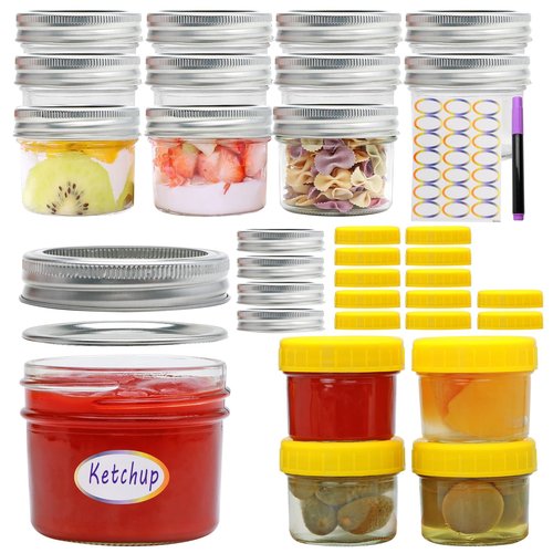 Datttcc Mini Mason Jars, Canning Jars, 4oz Mason Jars with Silver and Yellow Lids for Honey, Jams,Jelly Seasonings, for Kitchen, Bathroom, Gift Giving, Pack of 16