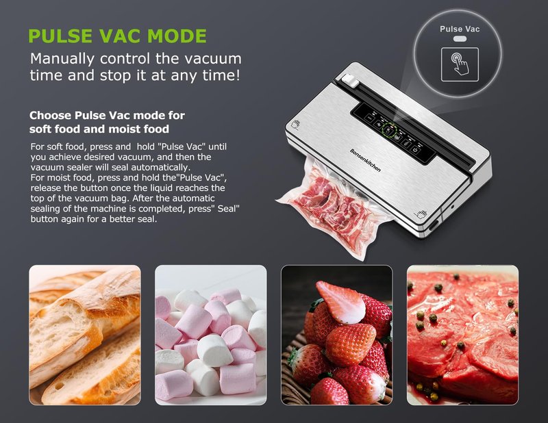 Bonsenkitchen Vacuum Sealer Machine, Stainless Steel Food Sealer Vacuum Sealers with 100 Bags & 1 Roll Bag, 5 Food Vacuum Modes, Built-in Cutter & Bag Storage, Silver-Black