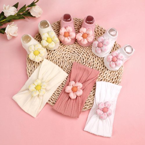 MIUXUESO Baby Girls' Headbands & Socks Set - Non-Slip Flower Hairbands & Cozy Socks | Pink, 6-12 Months