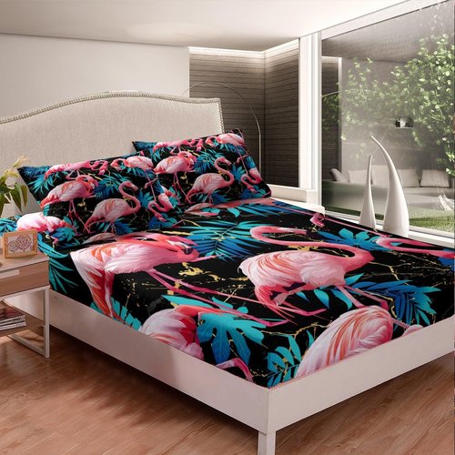 Castle Fairy Flamingo Sheet Queen Size Tropical Palm Leaves Bedding Set Golden Black Marble Kids Teens Audlts Wild Birds Animal Fashion Bed Sheet Set 4pcs(Fitted + Flat + 2 Pillowcases)