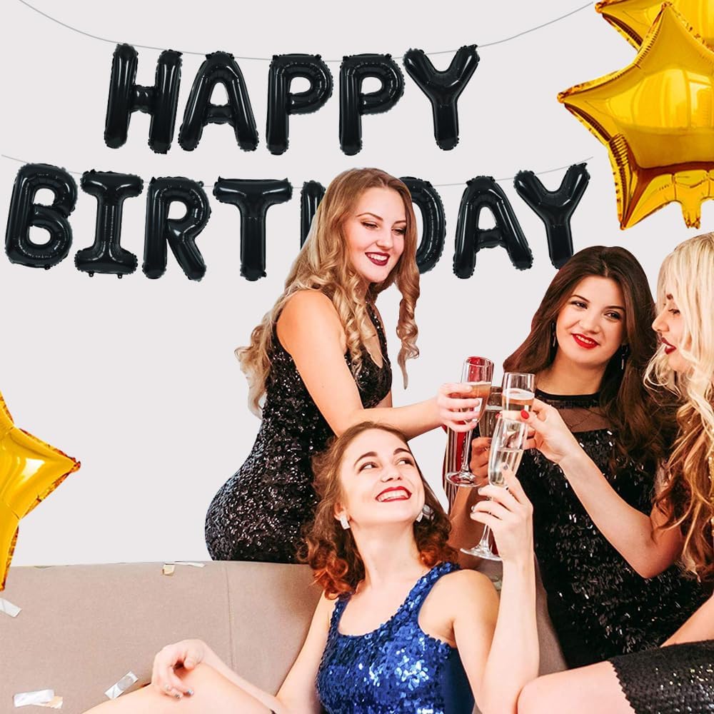 TONIFUL Black Happy Birthday Balloons Banner - 16-Inch Mylar Foil Letters for 30th to 60th Celebrations