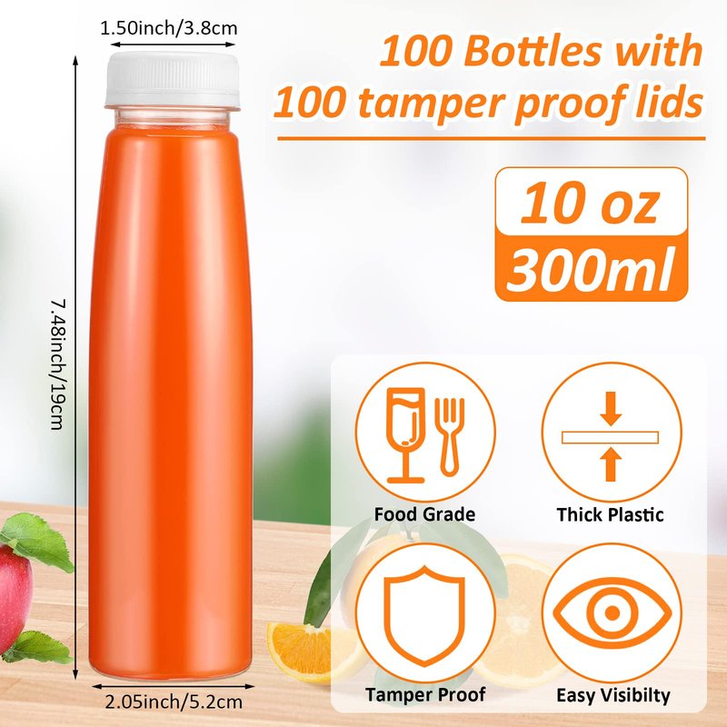 Tanlade 100 Pcs Plastic Juice Bottles with Caps Refrigerator Drink Container with Lid Clear Reusable Beverages Bottles for Juices, Milk, Tea, Fridge Storage, Take out (White Cap,10 oz)