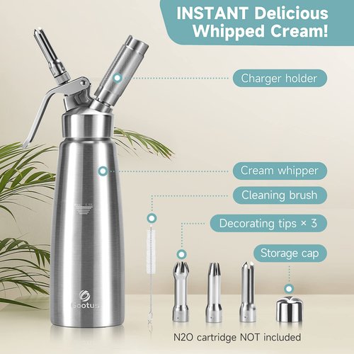 Gootus Professional Whipped Cream Dispenser - Stainless Steel, 500ml / 1 Pint Capacity, Includes 3 Stainless Decorating Nozzles and 1 Brush