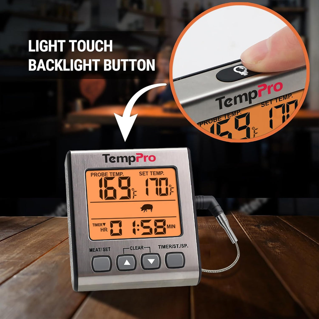 TempPro Digital Meat Thermometer - Accurate Cooking & Grilling Tool with Backlight & Timer | Perfect for Smoker, Oven & BBQ