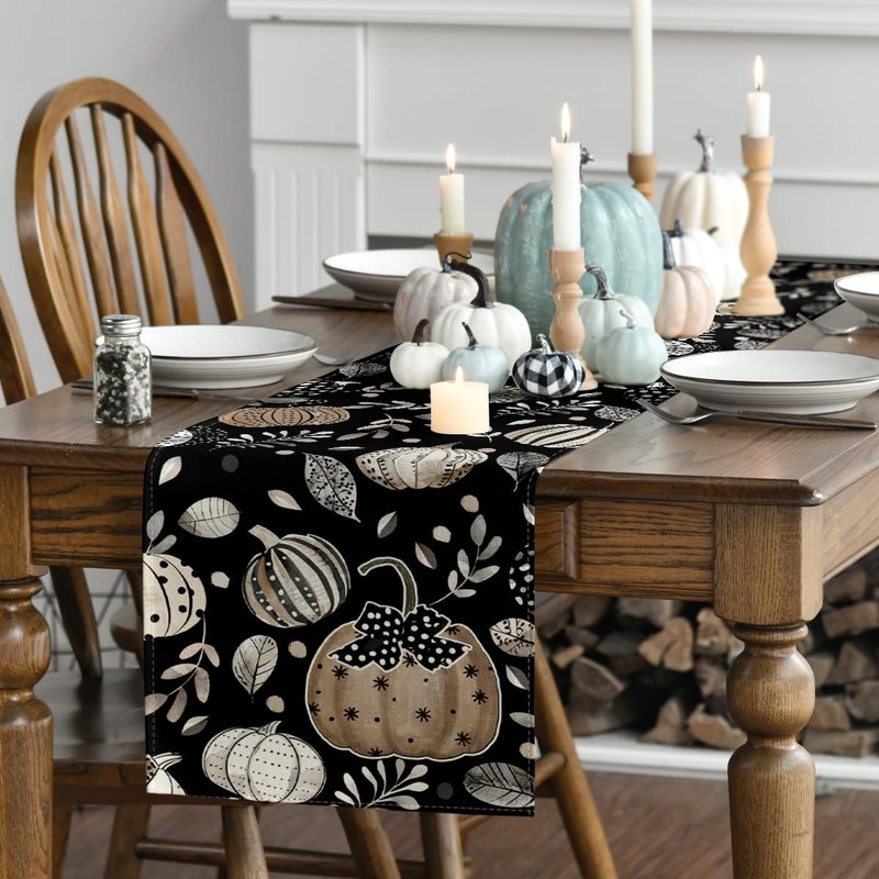 Artoid Mode Harvest Pumpkin Darkness Floral 210 GSM Fall Table Runner, Seasonal Autumn Kitchen Dining Table Decoration for Home Party Decor 13x108 Inch