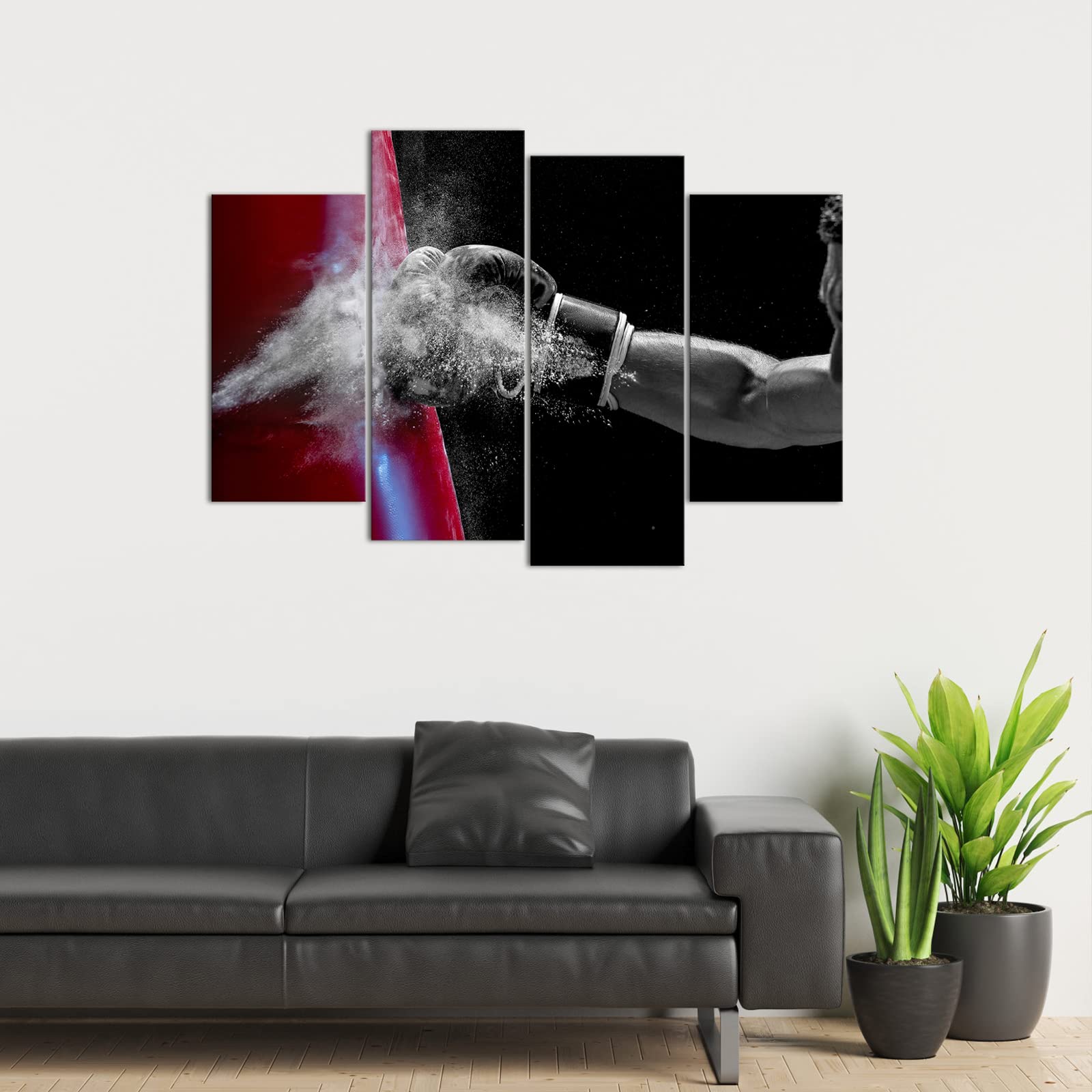 LevvArts 4 Piece Fitness Canvas Wall Art Black and White Red Boxing Picture Painting Body Building Sportsman Posters Modern Home Gym Room Men Bedroom Decor Ready to Hang