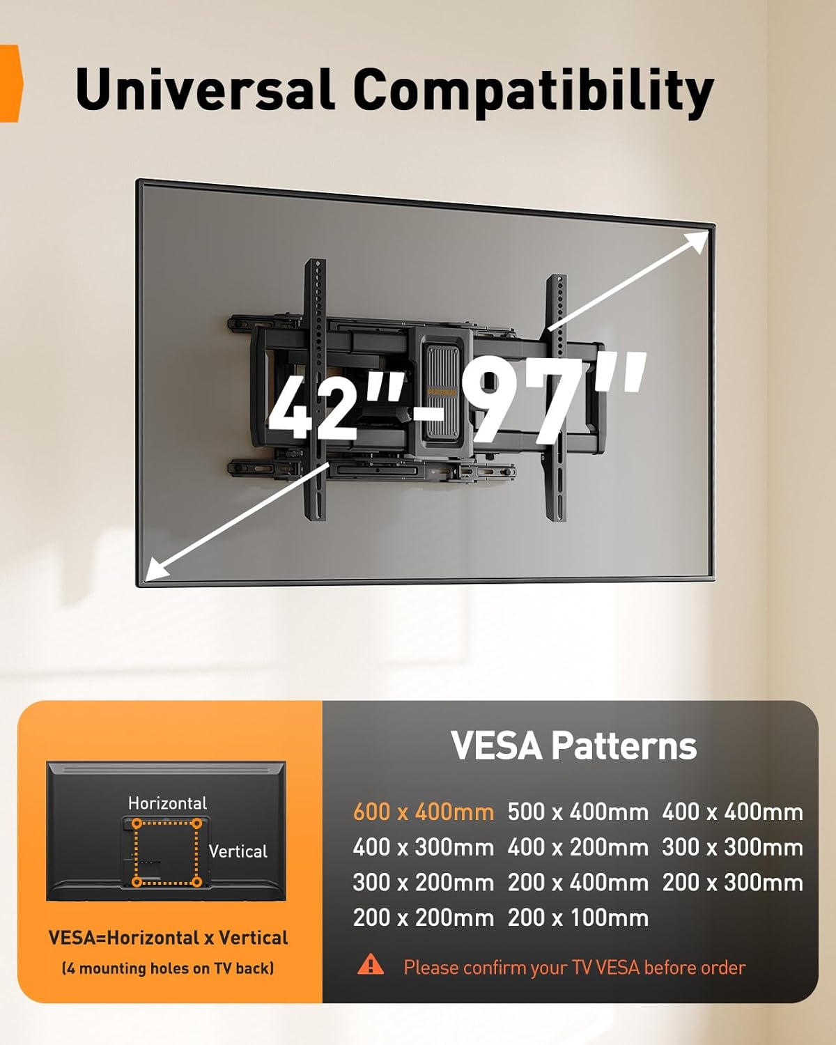 Perlegear Full Motion TV Wall Mount - Fits 42–97 Inch TVs Up to 132 lbs | Easy Setup, Swivel & Tilt Design