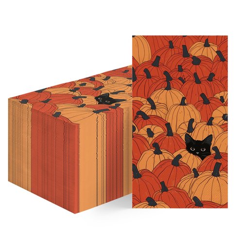 Horaldaily 100 Fall Disposable Paper Decorative Guest Napkins, Pumpkin Black Cat Hand Towel for Party Lunch Dinner Kitchen Bathroom