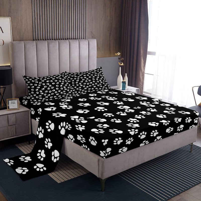 Homewish Dog Paw Print Kids Sheet Queen Size,Kawaii Pet Bedding Set,Boys Girls Adults Bedroom/Xmas/Halloween Decor,Cartoon Animal Black White Simple Bed Sheet Set 4pcs(Fitted + Flat + 2 Pillowcases)