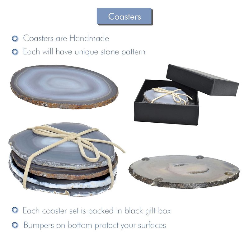 Nature's Decorations Natural Agate Stone Coasters - Set of 4 Polished Geode Drink Mats for Dining & Coffee Table & Kitchen Decor No Dye 3.5-4" Diameter