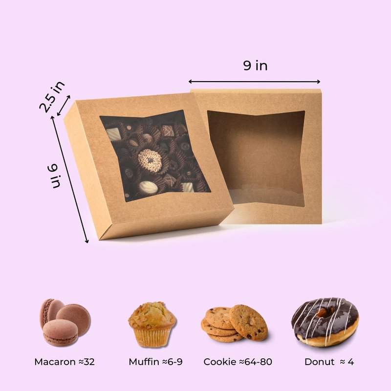 Fit Meal Prep 25 Pack 9 x 9 x 2.5 Inches Pie Boxes with Window, Square Kraft Pastry Boxes, Auto Pop-up Brown Boxes for Cookies, Cakes, Muffins, Dessert