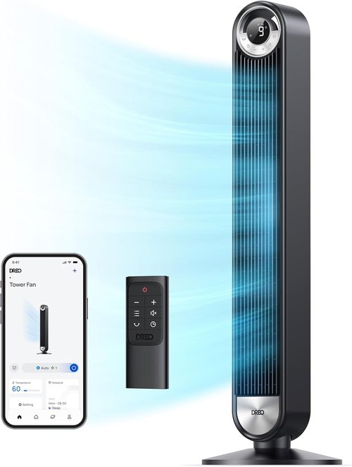 DREO Tower Fan - 90° Oscillating Standing Floor Fan with 28ft/s Velocity, 25dB Quiet Operation, 9 Speeds & Remote Control