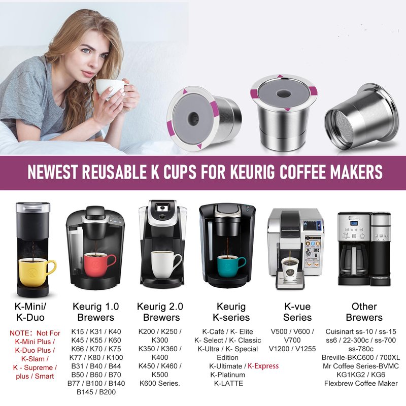 Reusable K Cups, Universal stainless steel Reusable Coffee Pods, Refillable Single K Cups for K 2.0 and 1.0 Coffee Makers (２－PACK)