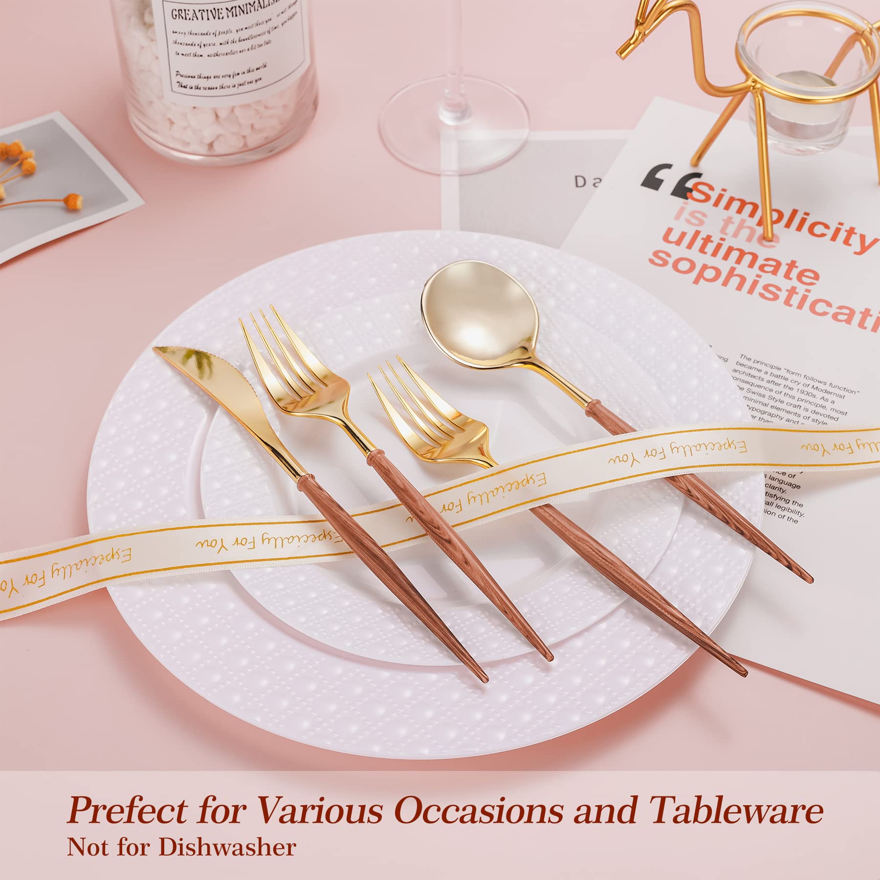 Lullaby 60pcs Gold Plastic Silverware, Gold Disposable Cutlery with Wood Grain Handle Include 20 Forks, 20 Spoons, 20 Knives, Elegant Disposable Silverware for Wedding, Party, Gathering, Daily Use
