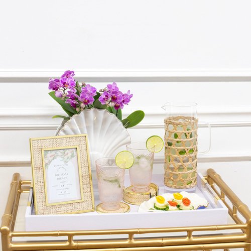 Lilly Pulitzer Gold and Raffia Coasters for Drinks with Holder, Cute Coaster Set of 4, Decorative Coasters for Coffee Table Protection, Raffia