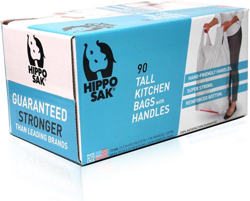 Hippo Sak - Heavy Duty 13 Gallon Kitchen Trash Bags with Ergonomic Handles | 90 Count, Leak-Proof Design