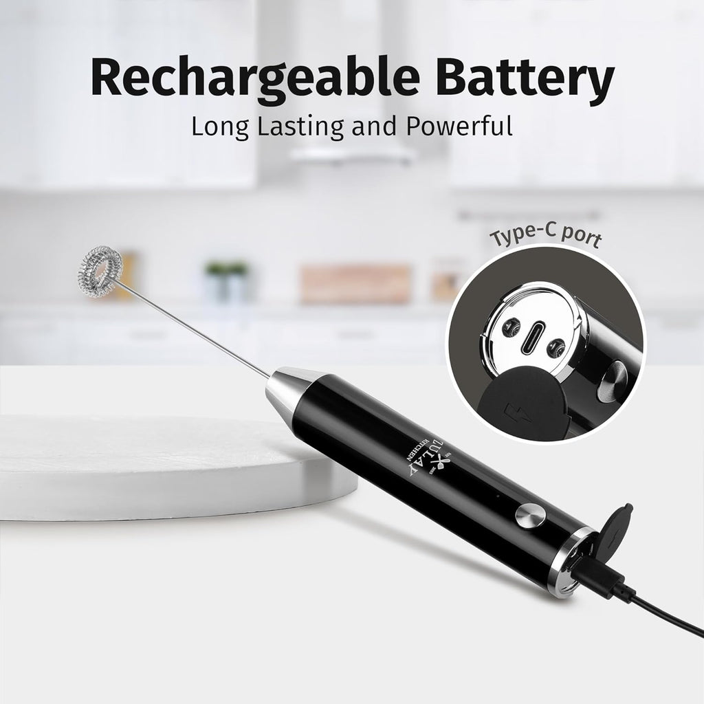 Zulay Kitchen Rechargeable Milk Frother - Powerful 2-Speed Motor, Waterproof, 2000mAh Battery | Perfect for Latte, Cappuccino & Matcha - Obsidian Black