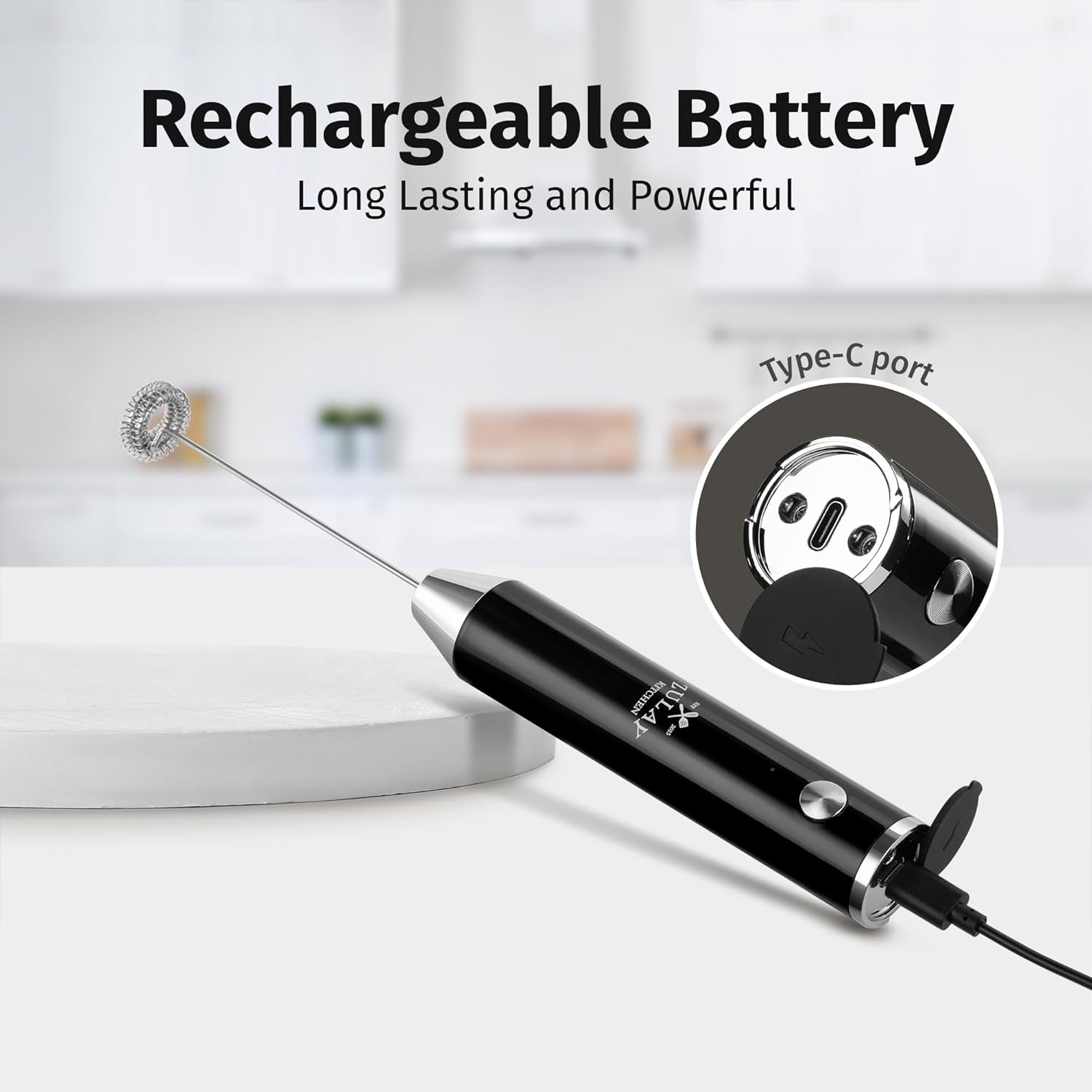 Zulay Kitchen Rechargeable Milk Frother - Powerful 2-Speed Motor, Waterproof, 2000mAh Battery | Perfect for Latte, Cappuccino & Matcha - Obsidian Black
