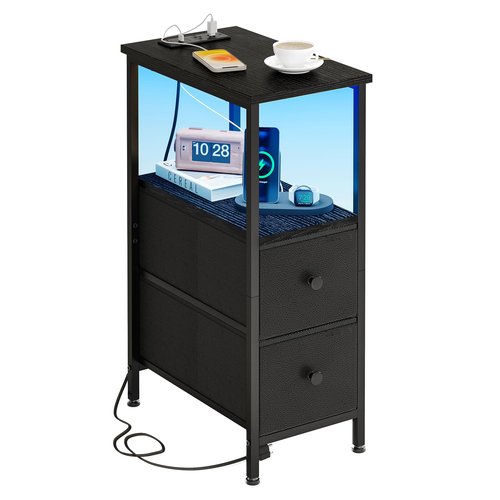 Fixwal Narrow Side Table with Charging Station and LED Light, Skinny Nightstand with 2 Fabric Drawers, Slim End Table for Bedroom, Dorm, Small Space, Black
