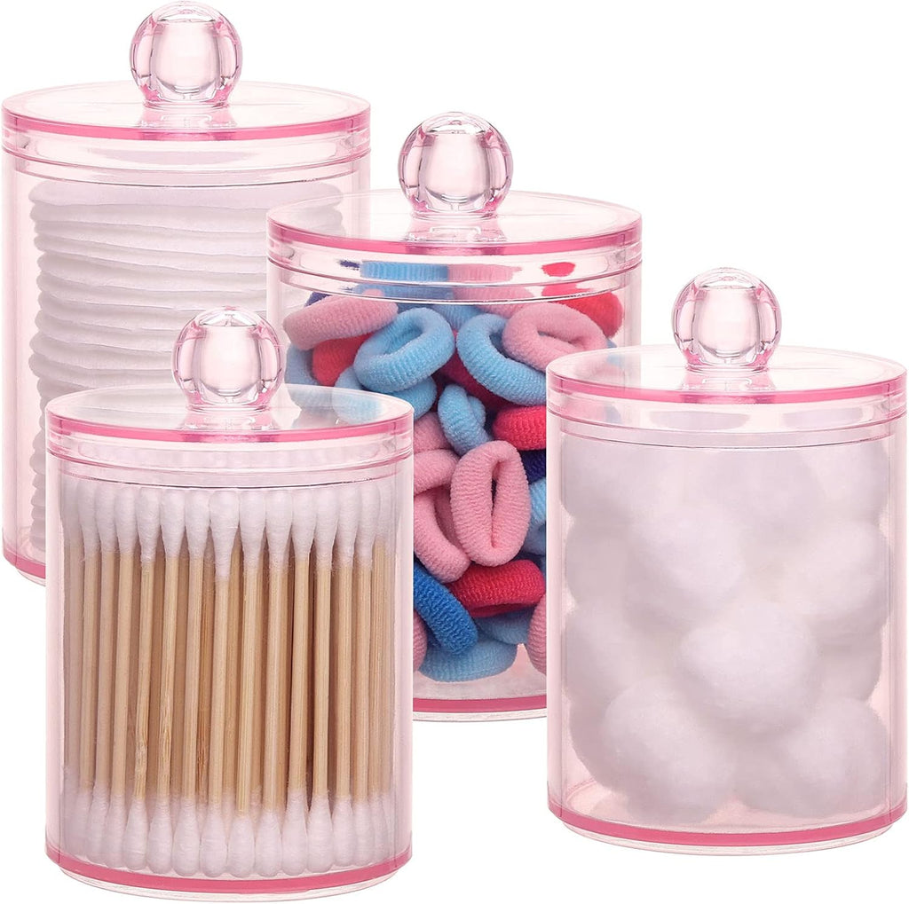Tbestmax Apothecary Jar - 10 OZ Cotton Ball & Swab Dispenser | Pink Bathroom Organizer (4 Pcs)