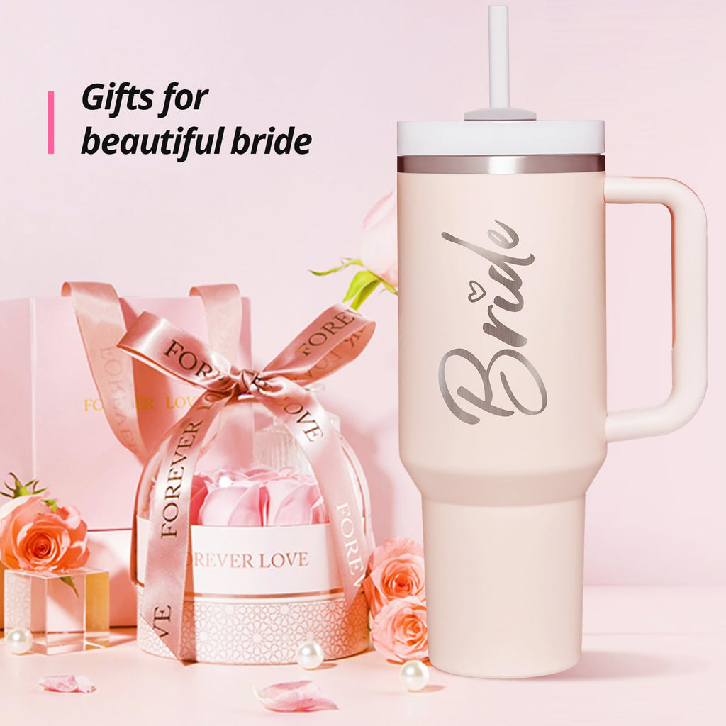 Bride To Be Gifts: Bridal Shower & Bachelorette Stainless Steel 40 oz Tumbler Cup with Handle, Lids & Straws