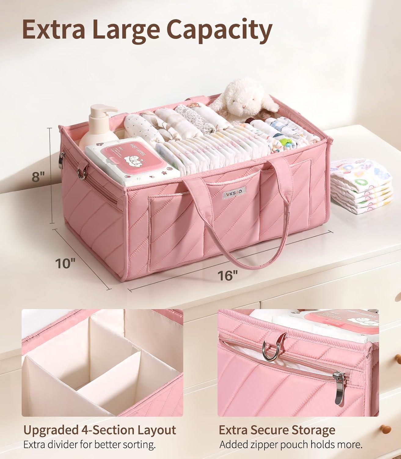 Skiennix Extra Large Diaper Caddy Organizer - Water-Resistant Nursery Storage Tote with Zipper Pocket & Shoulder Strap, Blush Pink