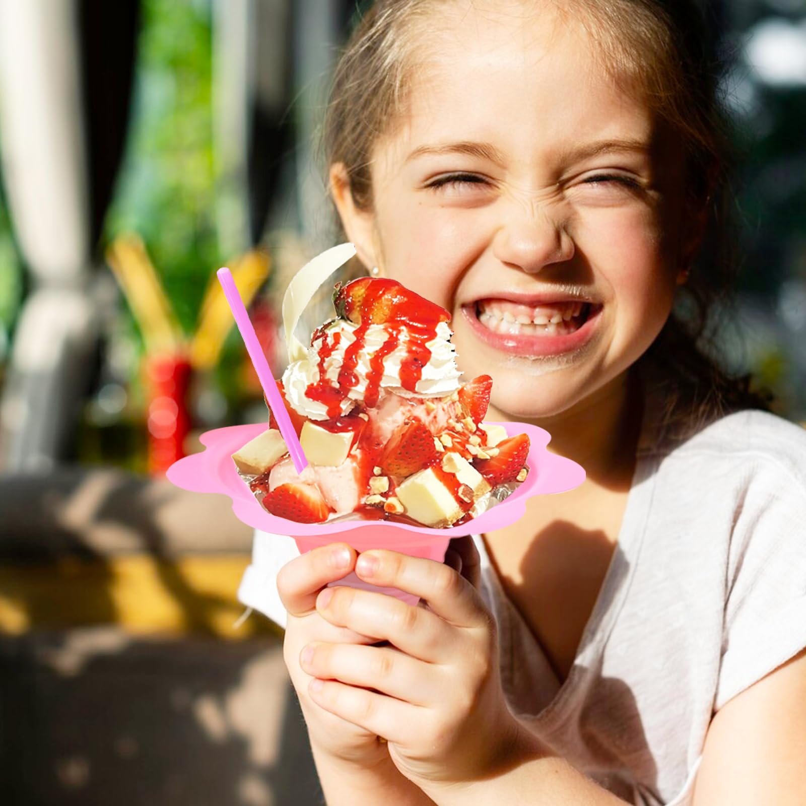 Cmaqpw 200PCS 4oz Colorful Snow Cone Cups Set with 100Pcs Spoon Straws and 100Pcs Cups,Plastic Reusable Flower Shaved Ice Drip Cups Snack Ice Cream Bowls for Birthday Party,Holiday,Summer