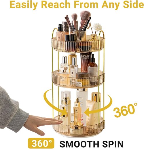 Asayuee 360° Rotating Makeup Organizer - 3-Tier Large Capacity for Skincare & Cosmetics | Gold