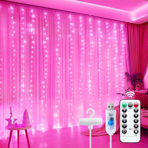 Minetom 300 LED Dimmable Fairy Curtain Lights - USB Powered String Lights with Remote & Timer | Pink Indoor Decor