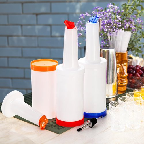 Tebery 6 Pack Plastic Juice Pour Bottles with 12 Stainless Steel Bottle Pourer, 34OZ Plastic Juice Dispensers for Bar Home Kitchen Party Supplies