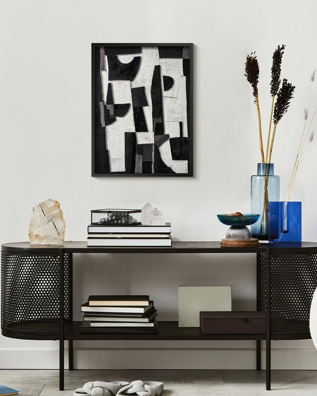 Skiennix Modern Black & White Abstract 3D Stacked Sandstone Wall Art - 12x16 Geometric Design in Metal Frame for Minimalist Decor
