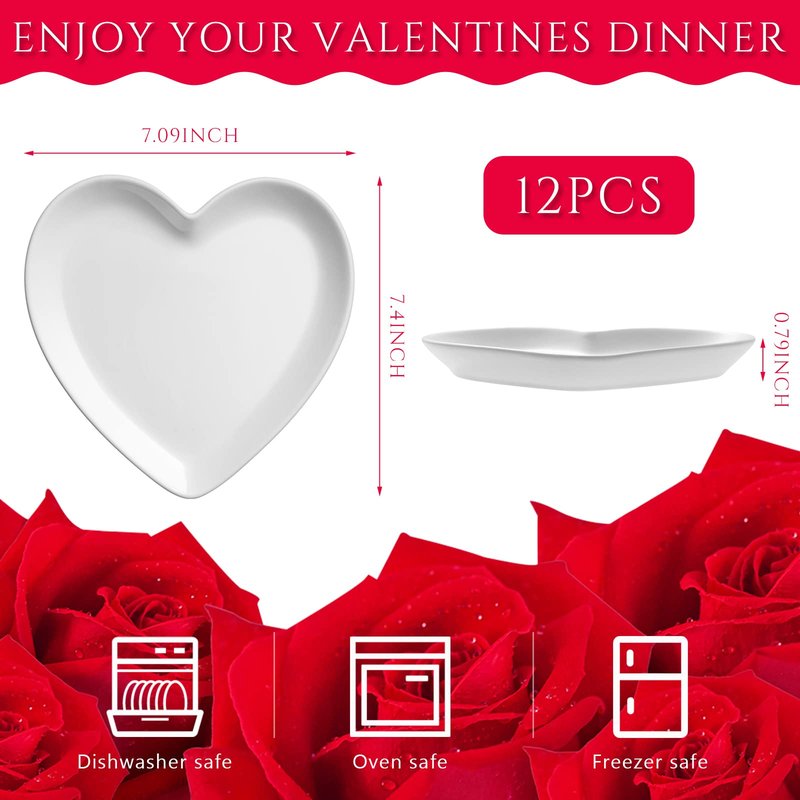 Suclain 12 Pcs Heart Shaped Plates Ceramic Plates 7.4 Inch Heart Dish Porcelain Cute Dishe for Dessert Appetizer Steak Snacks Daily Home Kitchen Party Gift(White)