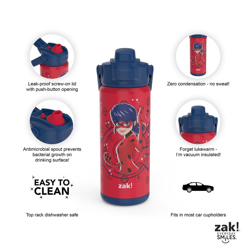 Zak Designs Beacon Insulated Bottle, Miraculous Ladybug 20oz Durable Stainless Steel Double Wall Vacuum Insulation, Silicone Spout & Push-Button, Leak Proof Lid Dishwasher Safe