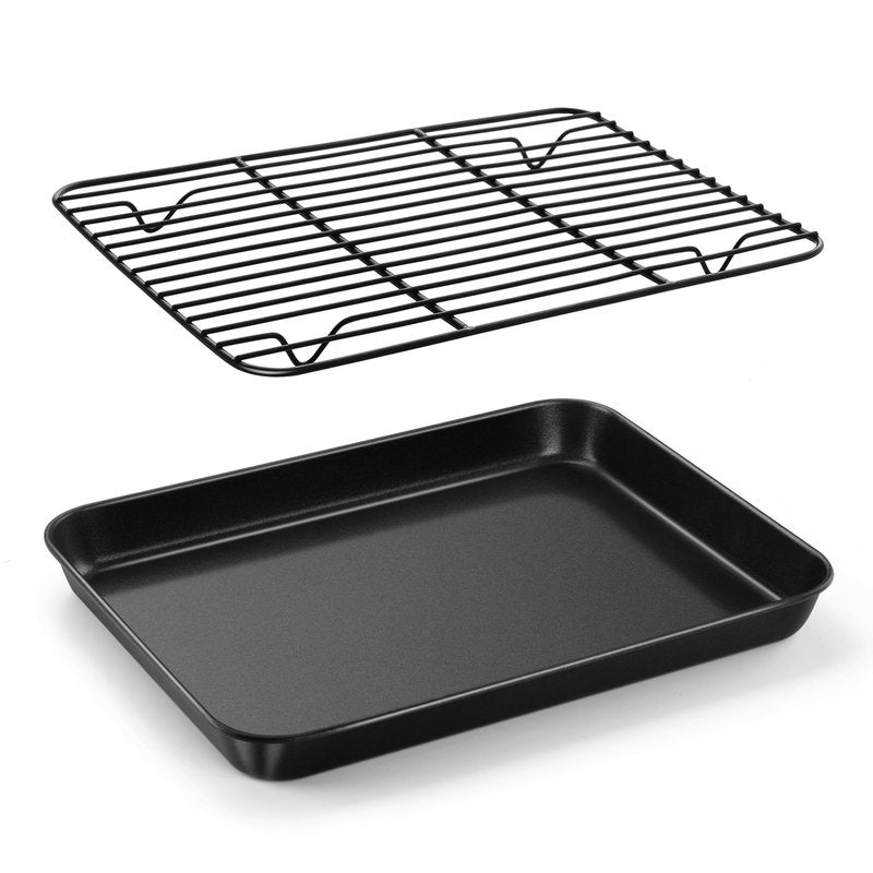 E-far Toaster Oven Pan with Rack Set, 10.5 x 8 x 1 Inch Nonstick Small Cookie Baking Sheet with Cooling Rack, Non-Toxic & Easy to Clean