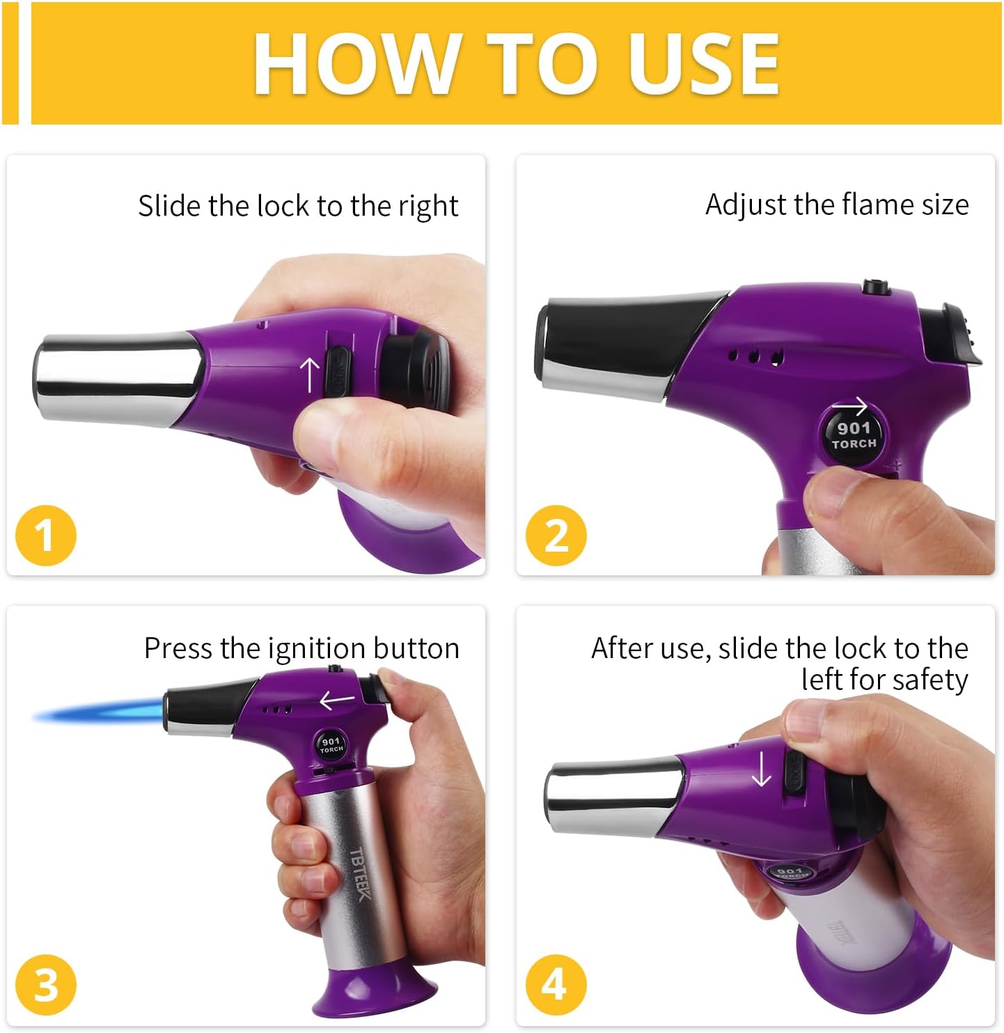 TBTEEK Butane Torch T901 - Adjustable Flame Kitchen Torch with Safety Lock for Cooking & Baking | Purple