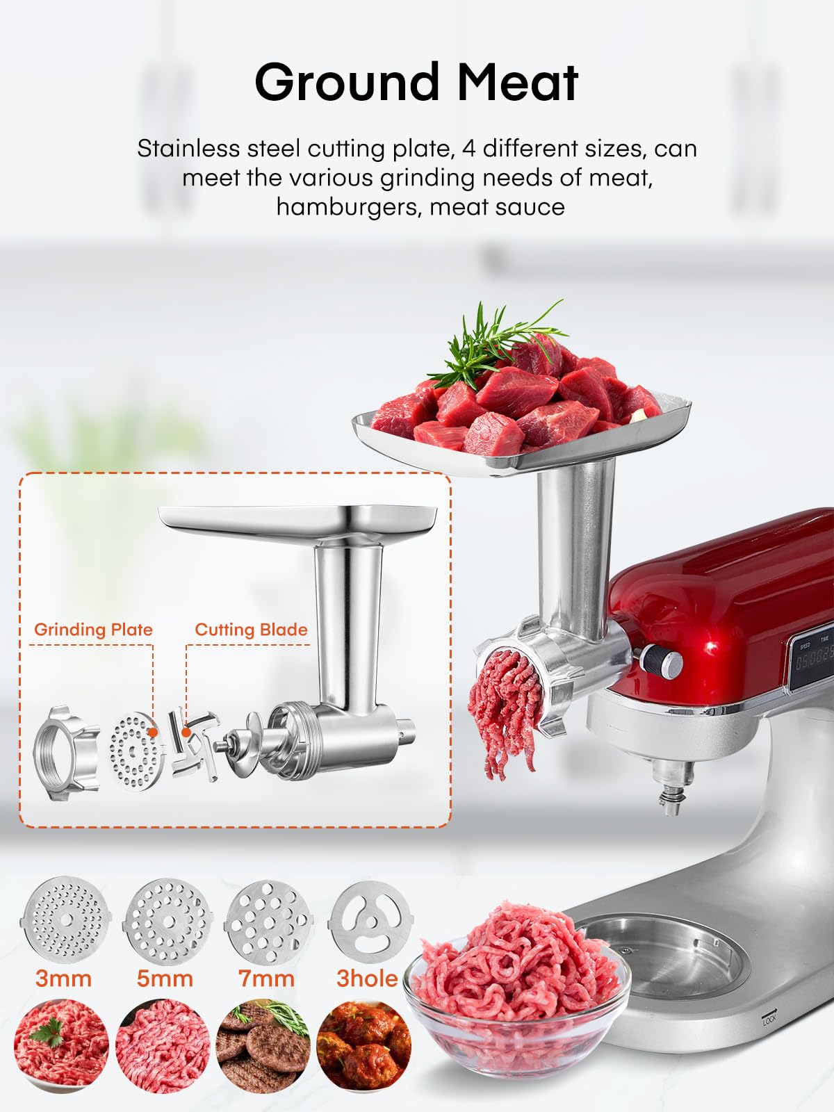 Meat Grinder Attachment for KitchenAid Stand Mixer, 15PCS Stainless Steel Meat Grinder Accessories for Kitchen Aid With 4 Grinding Plates, 2 Sausage Stuffer Tubes, 3 Grinding Blades, 1 Large Food Tray