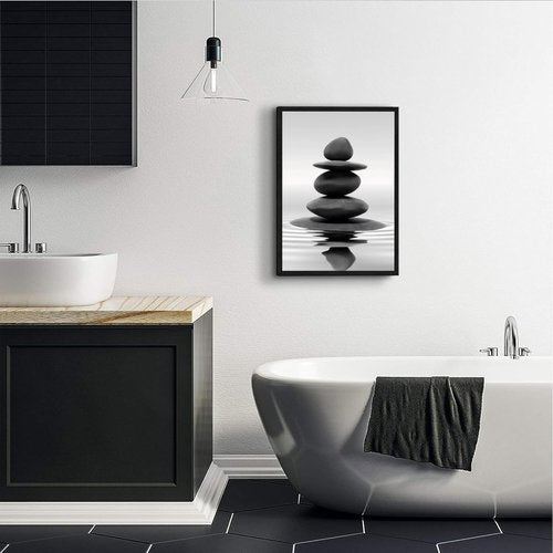 DCMVJHZV Framed Black and White Bathroom Wall Art - Zen Stones Meditation Print (12"x16") for Spa & Living Room Decor