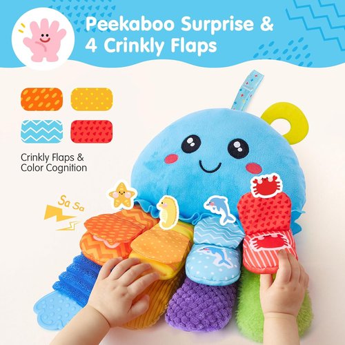 Hahaland Baby Sensory Toys - 15-in-1 Soft Tummy Time Toy with Crinkle Rattle & Mirror | Ideal for Infants 0-6 Months
