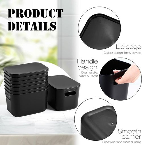 Hoolerry Colorful Storage Bins - 8-Piece Stackable Plastic Organizing Containers with Lids | 9.8 x 7.1 x 6.3 Inch, Black