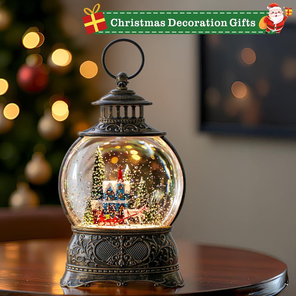 Regine Switzerland Christmas Snow Globe - Musical Water Lantern with Timer & USB/Battery Operated | Blue Church Design