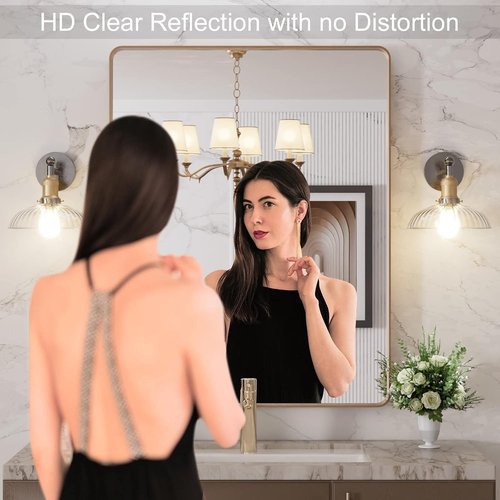 LOAAO Gold Bathroom Mirror - 28”X36” Rounded Rectangle Design | Anti-Rust Tempered Glass, Wall-Mounted