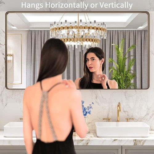 LOAAO Bronze Bathroom Mirror - 55”X30” Rounded Rectangle with Anti-Rust Brushed Metal Frame | Versatile Hanging Options