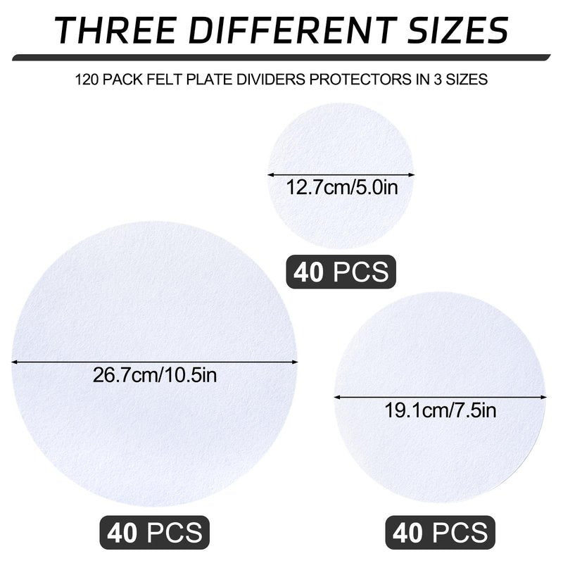 Mixweer Felt Plate Dividers for Plate Storage Set of 120 and 3 Sizes Soft Saucer Protectors Round Pan Separators Protectors Thick Dish Pads for Protecting Stacking Your Cookware(White)