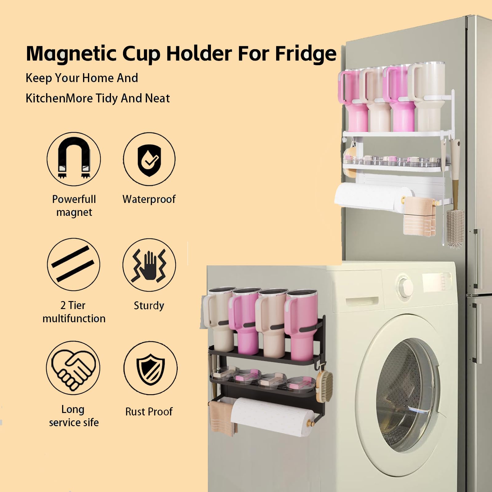 Magnetic Stanley Cup Holder for Fridge, Triple Folding 4 Cup Stanley Cup Holder Magnetic, Magnetic Water Bottle Holder with 2 Strong Double Sided Tape, Magnetic Cup Holder with Hook Fits 40 oz Mugs