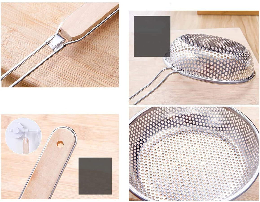 TENTA TENTA KITCHEN Stainless Steel Micro-Perforated Skimmer Strainer,Pasta Noodle Net Basket with Wooden Handle(25 Ounce)
