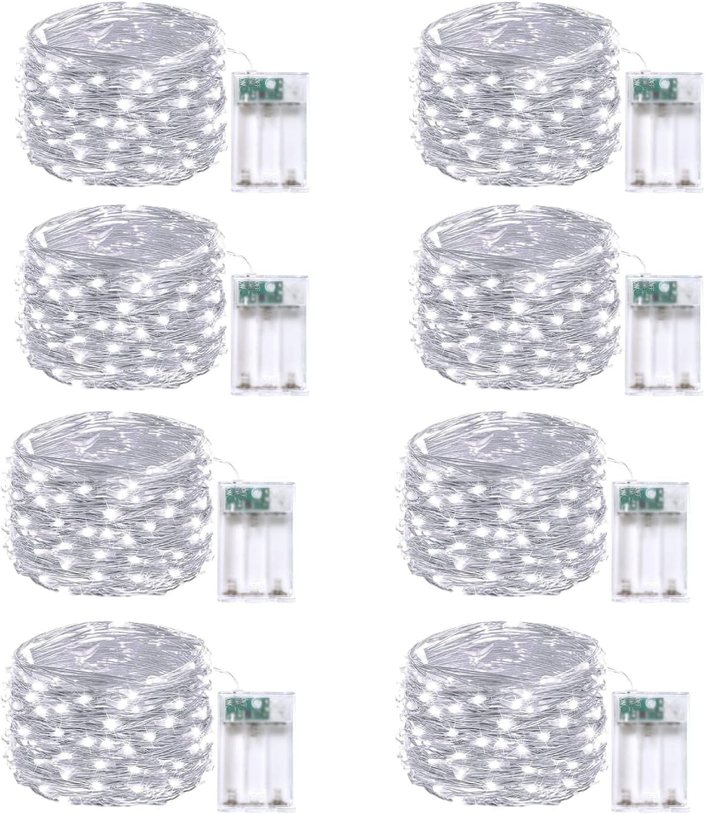 Skiennix 8-Pack Battery Operated Fairy Lights - Waterproof 16 FT 50 LED String Lights with Remote & Timer | Cool White Indoor/Outdoor Décor