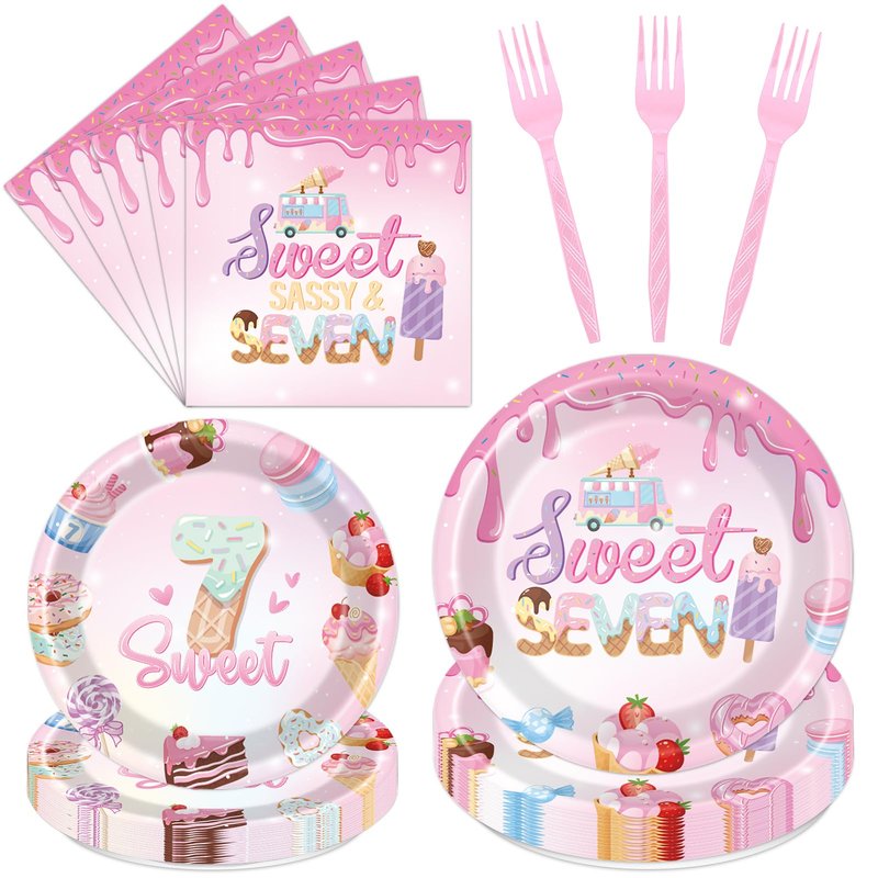 Sweet Sassy and Seven Birthday Decorations Tableware - 7th Birthday Decoration for Girls Disposable Paper Plates and Napkins Decor 7 Years Old Girl Forks Supplies Serve 24