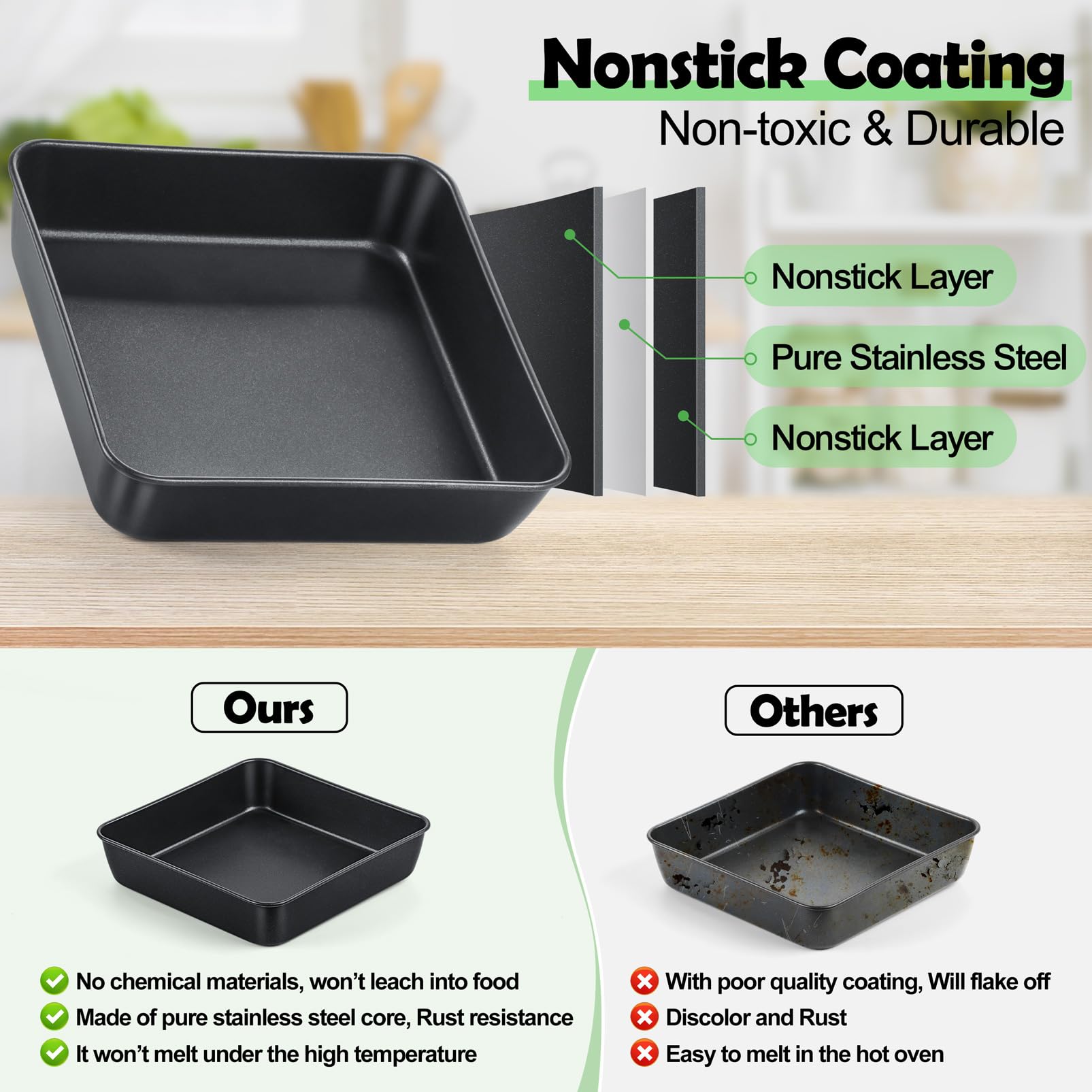 TeamFar 9x9 Inch Square Cake Pan with Lid, Non-Stick Square Baking Roasting Pan, with Stainless Steel Core for Cooking Brownie Lasagna, Non-Toxic & Heavy-Duty, Release & Clean Easily (1 Pan+1 Lid)