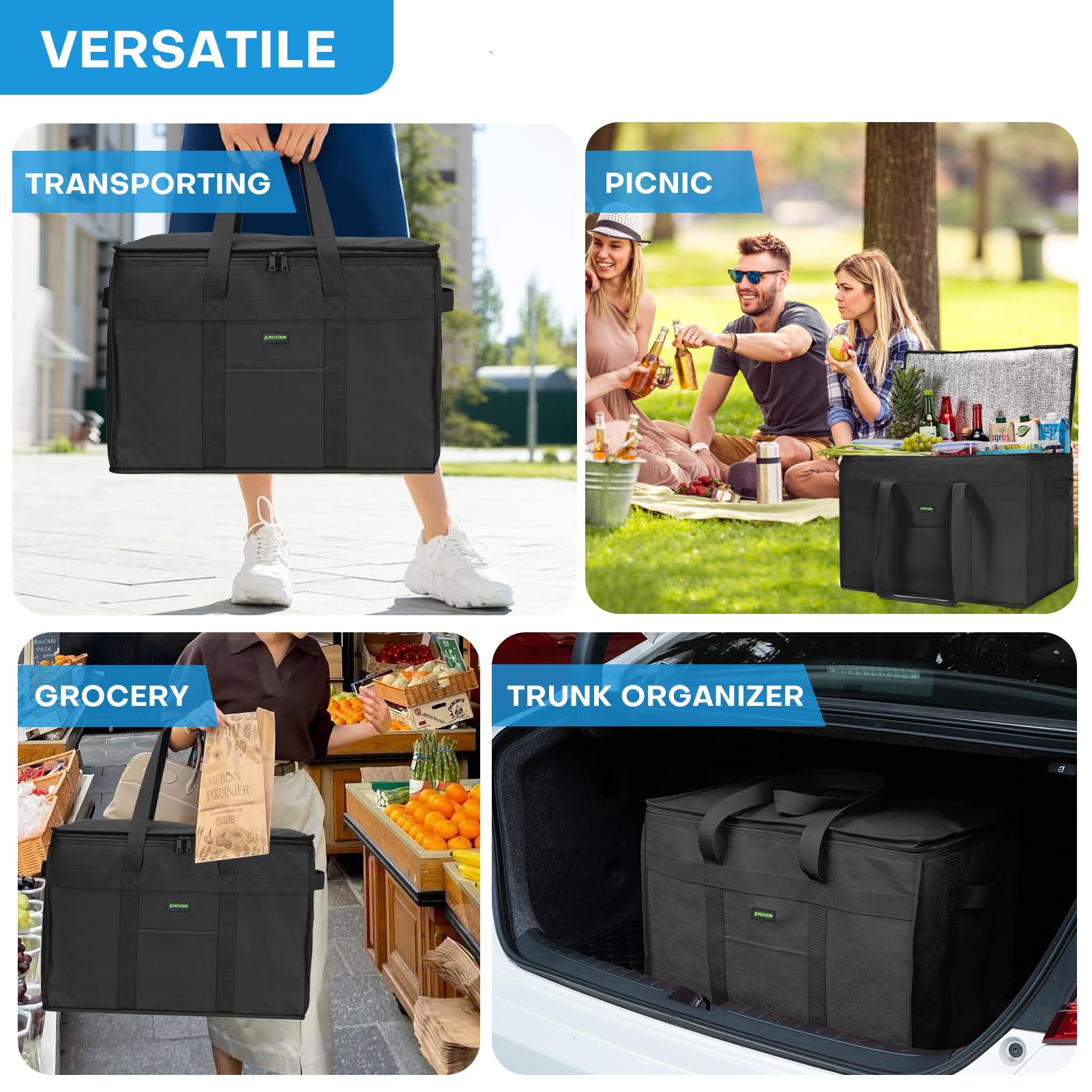 JUNGYOON Heavy-Duty Insulated Grocery Bags & Insulated Bag-Collapsible Cooler Bag with Zippered Top | Reusable Shopping Bags for Groceries, Picnics(Black, (23''x14''x15''))